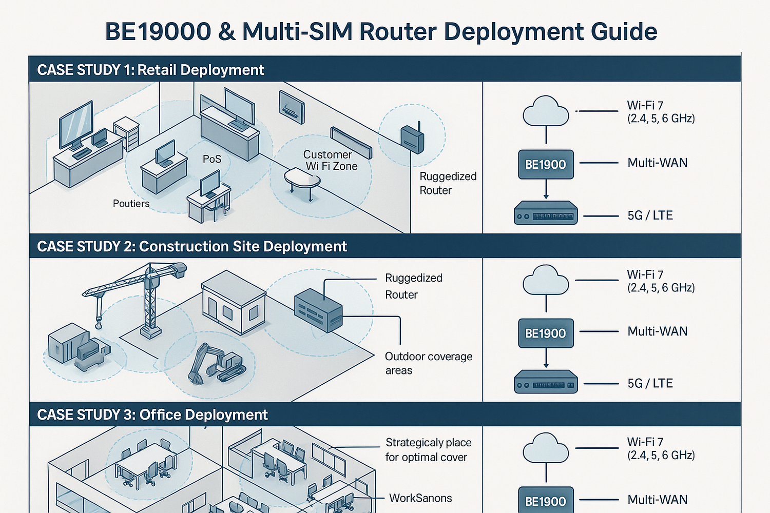 BE19000 & Multi-SIM Router Deployment Guide: Visualized Case Studies for Retail, Construction, and Dense Offices